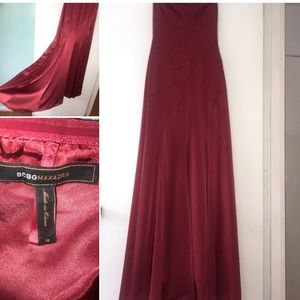 BCBG DRKRED floor length strapless fishtail dress.